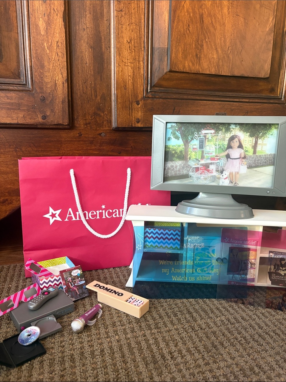 American Girl Pink Branded Tote with Toy TV and Accessories